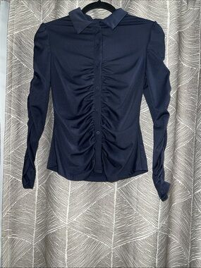 Structured Ruched Button-Front Women's Top - Navy